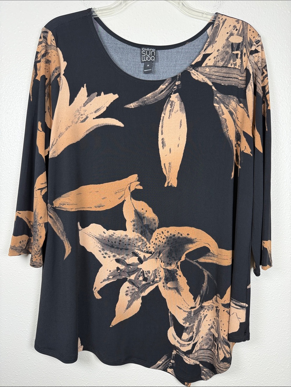 Clara Sun Woo Tunic Top 1X Black Neutral Floral Asymmetric Art To Wear Made USA